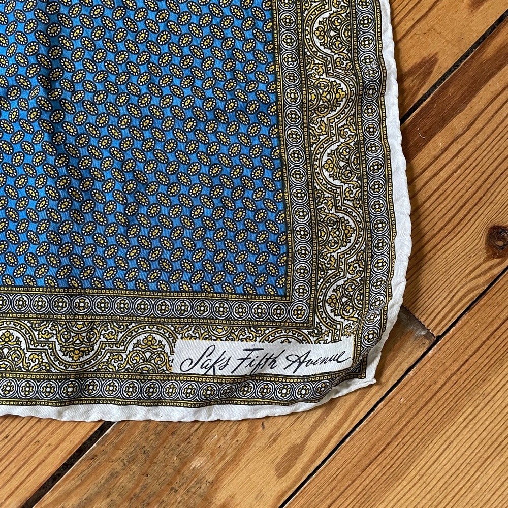 Saks Fifth Avenue Blue and Gold Paisley Silk Scarf